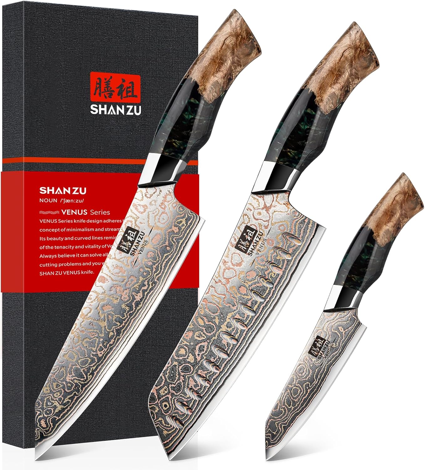 SHAN ZU Damast Küchenmesser Set 3-tlg, 33-Schichten Damaststahl & Kupfer Japanisches Kochmesser Set, Rasiermesserscharfe 12°-Klinge mit Ahornholzgriff Inklusive Koch-, Santoku- und Schälmesse