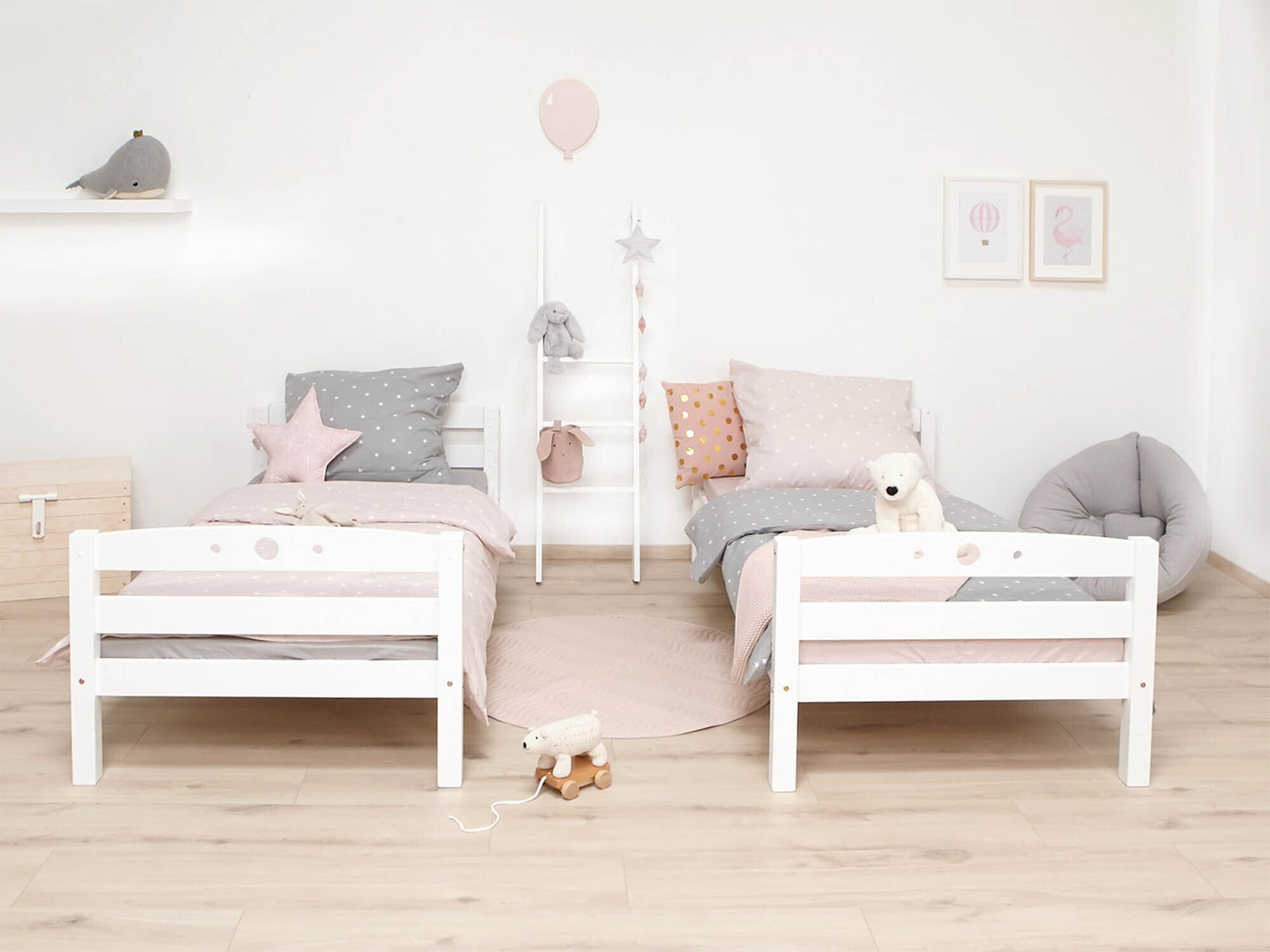 TiCAA TiCAA Etagenbett, Kinderbett, Stockbett Funktionsbett für Kinder mit Treppe & Zwei Liegeflächen teilbar aus Buche Massivholz weiß Bettgestell 90 x 200