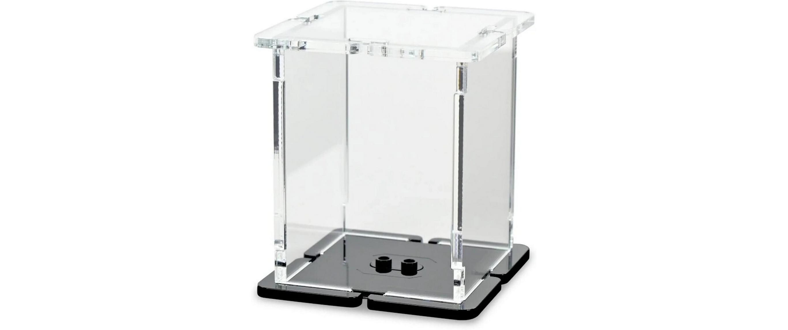 Baukasten Acryl-Display für 1 LEGO-MinifigurAcryl-Display-Box mit schwarzem Boden und 2 Noppen