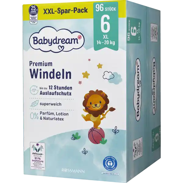 Premium Windel Größe 6 XL, 96 Stück, 14-20 kg