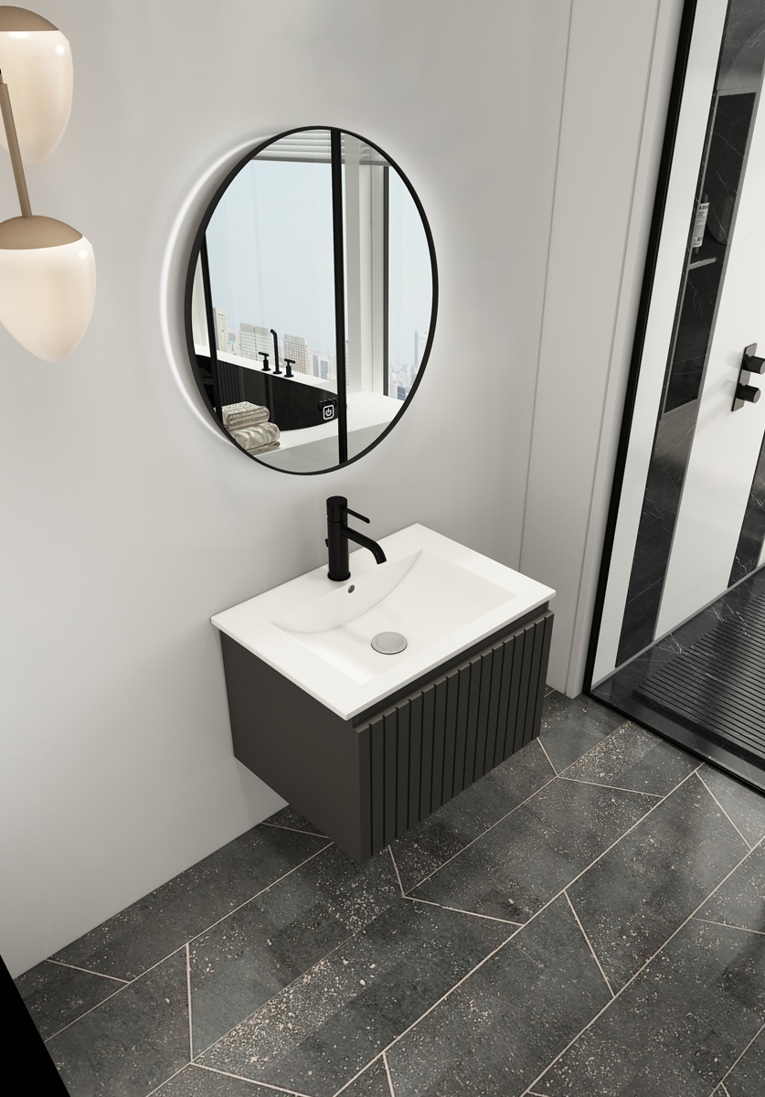 Fontana Lento zwart badmeubel ribbelfront 60cm met witte wastafel 1 kraangat en ronde spiegel