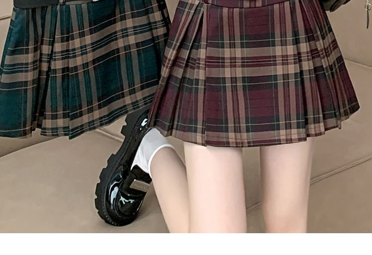 Dute - Hoge taille geruite mini geplooide rok