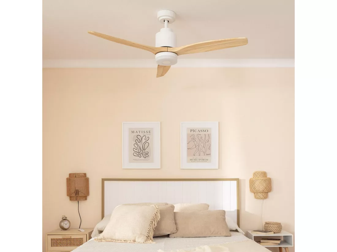 Ventilateur de Plafond Silencieux Mersin Bois & Blanc 132 cm Moteur DC Télécommande Avec lumière