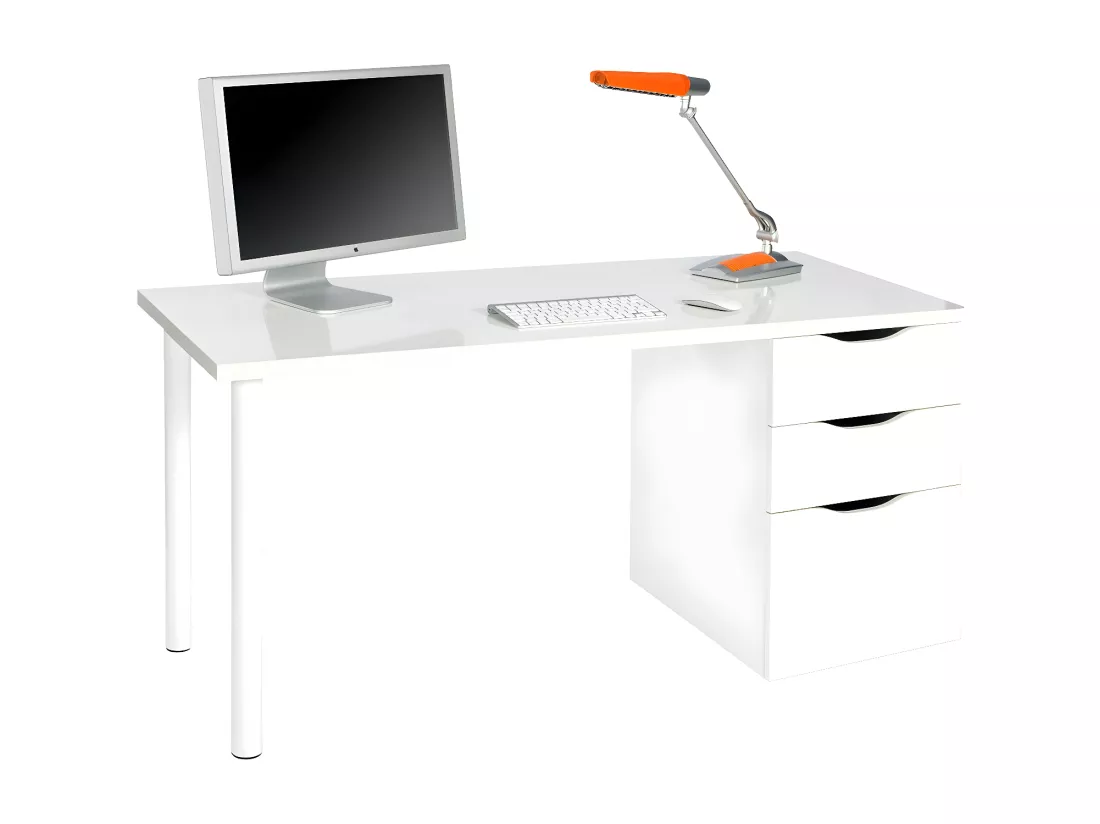 Bureau Philadelphia, Bureau réversible multifonctionnel, Table d'étude avec commode avec 2 tiroirs et 1 porte, 138x60h74 cm, Blanc