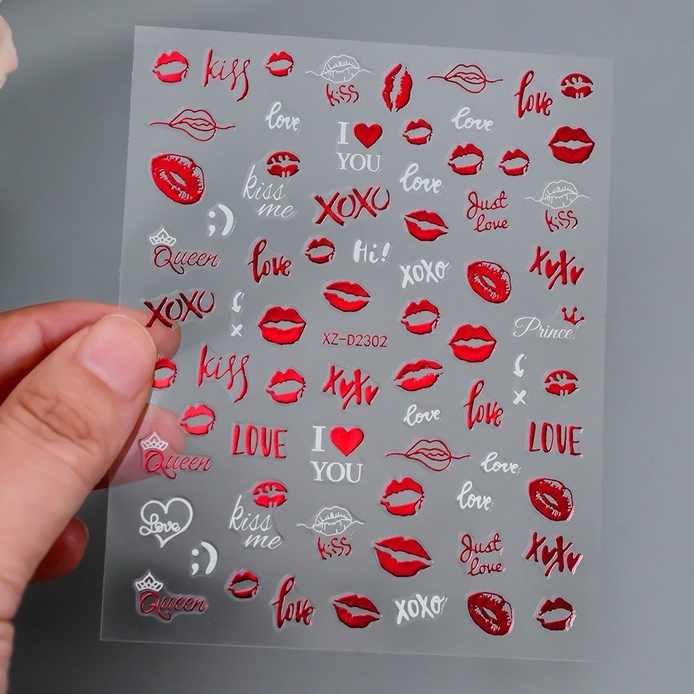 (808-tlg. Set) Nagel Sticker Nail Art Tattoo Selbstklebende Aufkleber Valentinstag - Rot / Weiss
