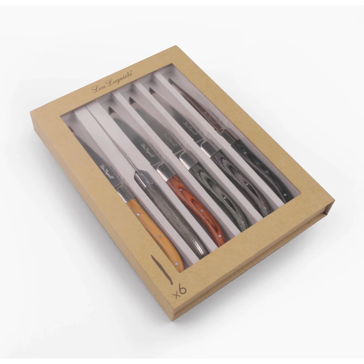 Louis - Coffret 6 couteaux steak 6 bois pakka mixés Lou Laguiole