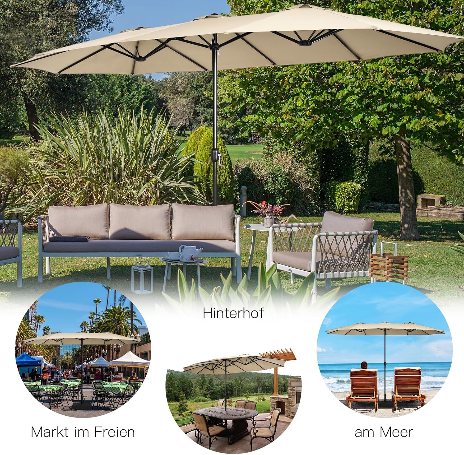 COSTWAY Doppelsonnenschirm mit Ständer, 451,5 x 264 cm, Sonnenschirm Groß XXL, UPF 50+, Gartenschirm mit Kurbel, Terrassenschirm, Marktschirm für Garten, Terrasse & Pool (Beige)