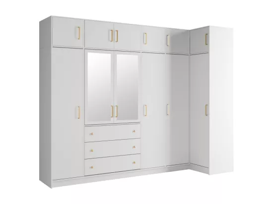 Armoire d'angle 6 portes et 3 tiroirs - Avec miroirs - L311 cm - Blanc + Réhausses - LIZANDRO