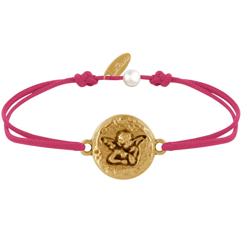 Bracelet Lien Médaille Ronde Martelée Laiton Doré Ange Raphaël - Fuchsia