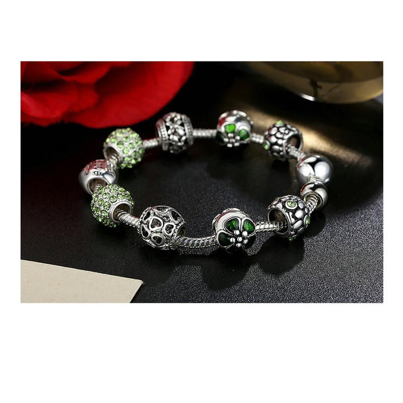 Bracelet Femme Charm's Coeur orné de cristal de Swarovski Vert et plaqué Argent