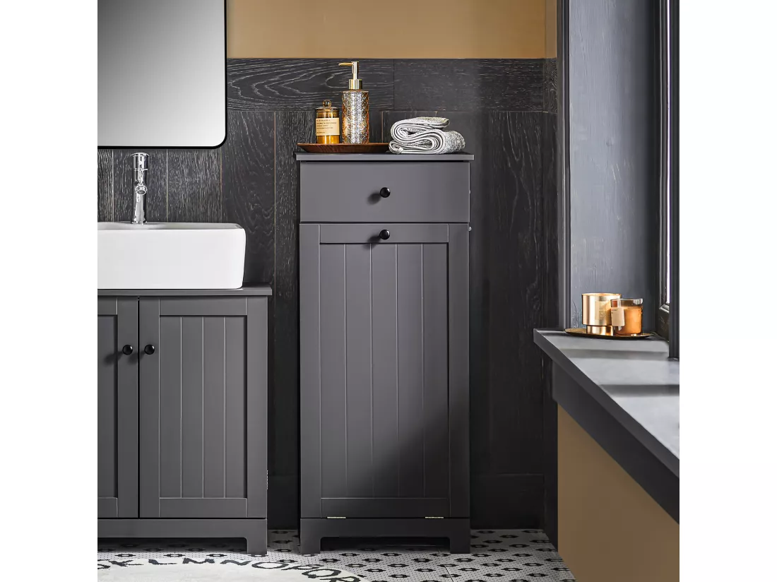 Meuble Bas De Salle De Bain Armoire Toilette Avec 1 Tiroir 1 Panier À Linge Gris Foncé, BZr21-dg