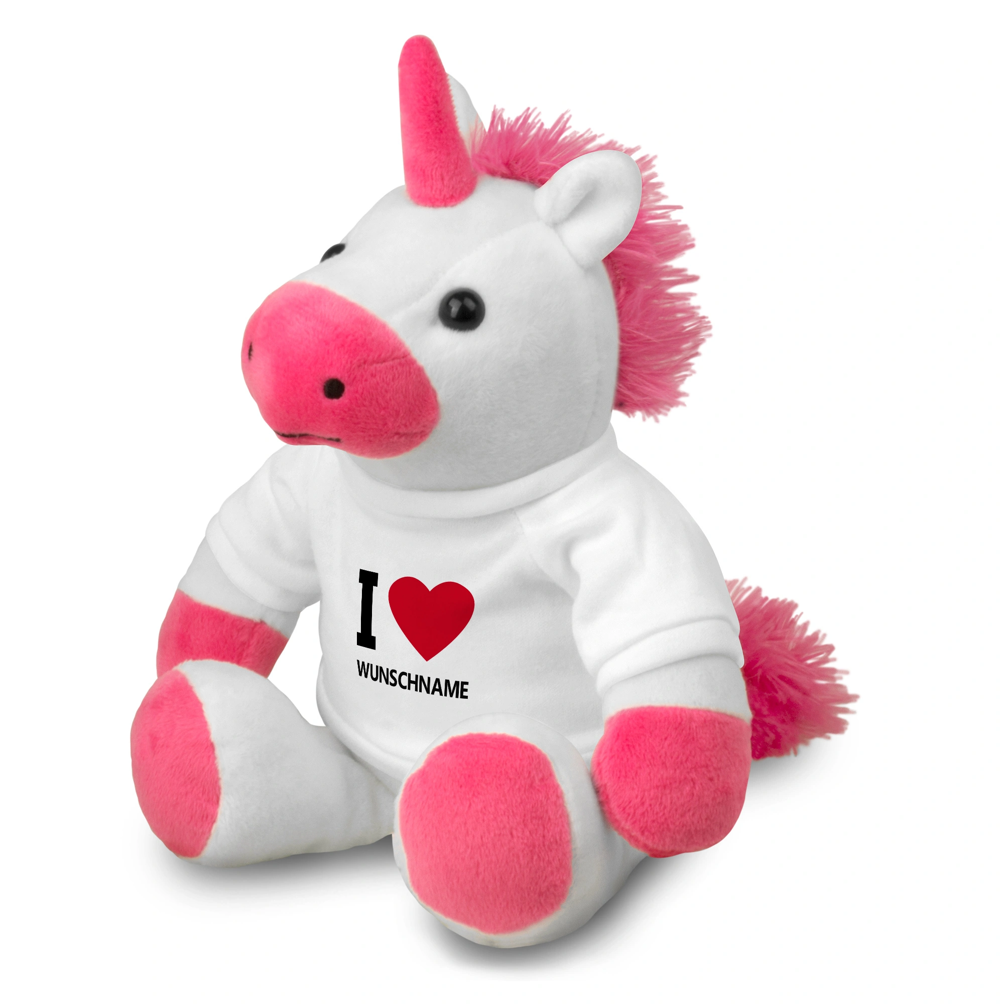 Kuscheltier Einhorn mit Namen (Motiv: I Love)