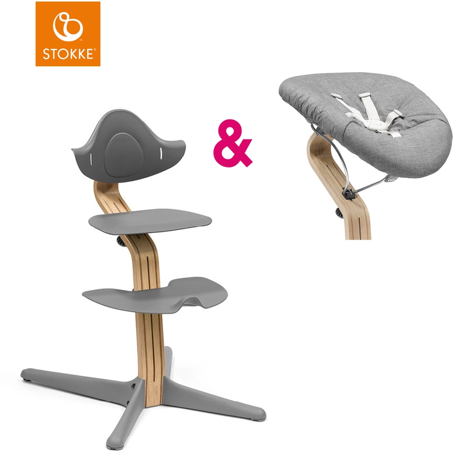 STOKKE® Nomi® Hochstuhl Eiche natur  grau inkl. Newborn Set grau  grau blau