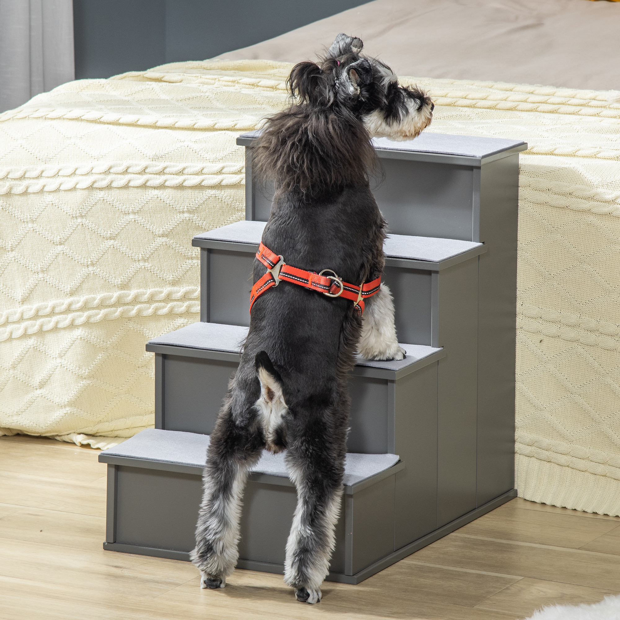 Escada para cães e gatos PawHut com 4 degraus, acolchoamento removível, capacidade de carga de 30 kg, para cama ou sofá, 40 x 59 x 54,2 cm, cinza.