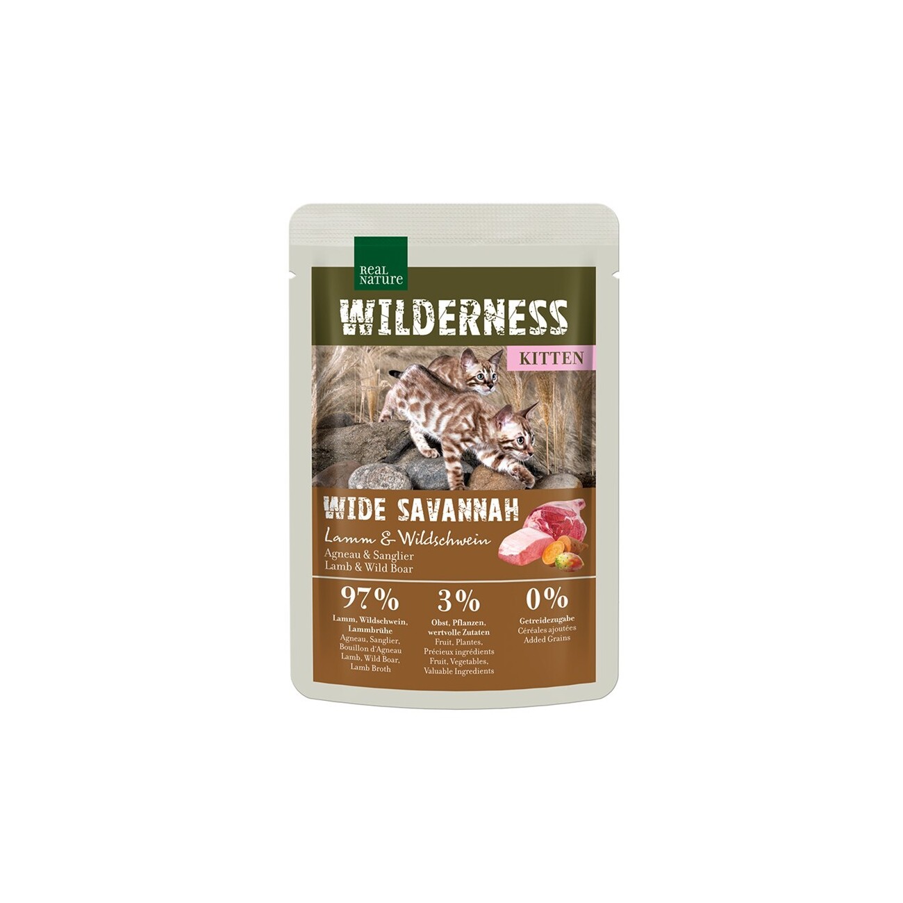 REAL NATURE WILDERNESS Nassfutter Katze, Kitten 12x85 g Wide Savannah, Lamm und Wildschwein