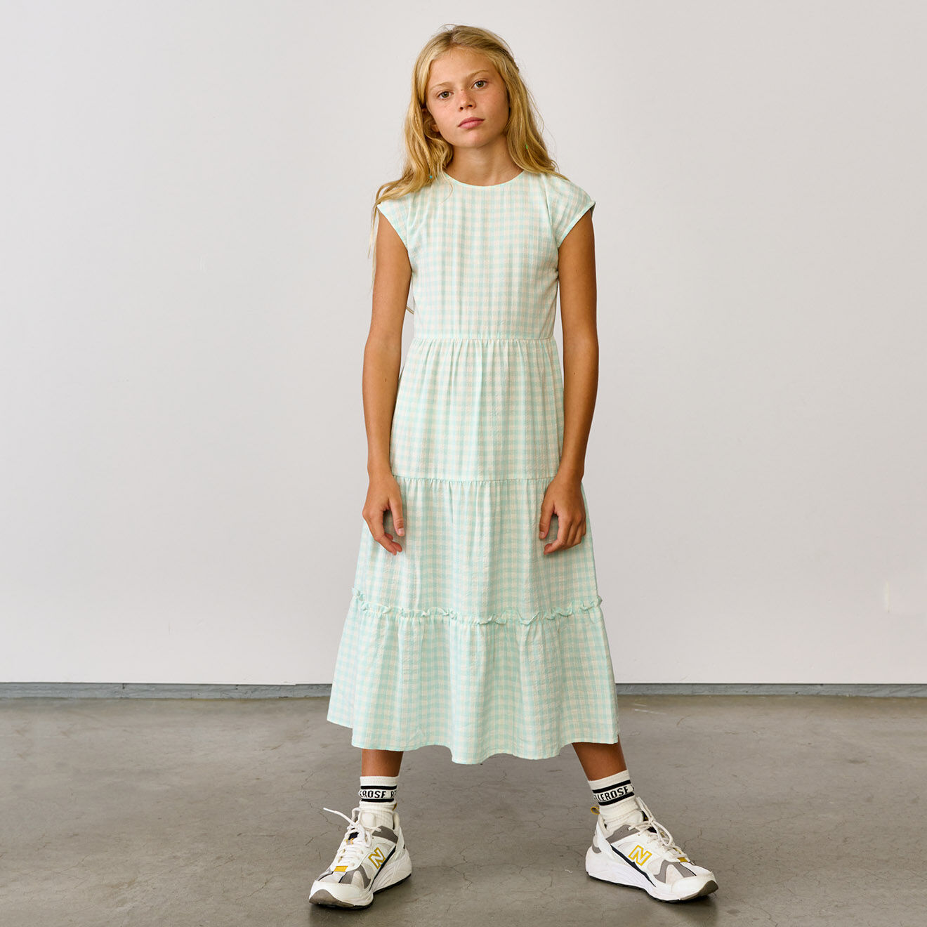 Bellerose Robe longue Azul motif vichy à volants menthe
