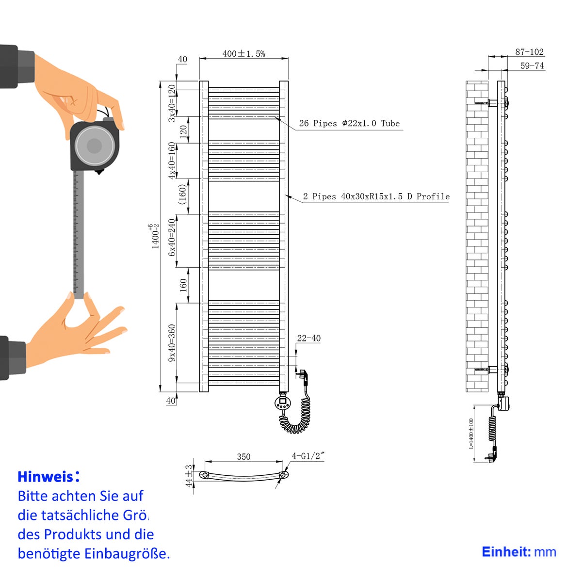 EMKE Elektrische Badkamerradiator, Gebogen, met Thermostaat, Handdoekwarmer met Verwarmingselement, Antraciet, 140x40cm, 479W