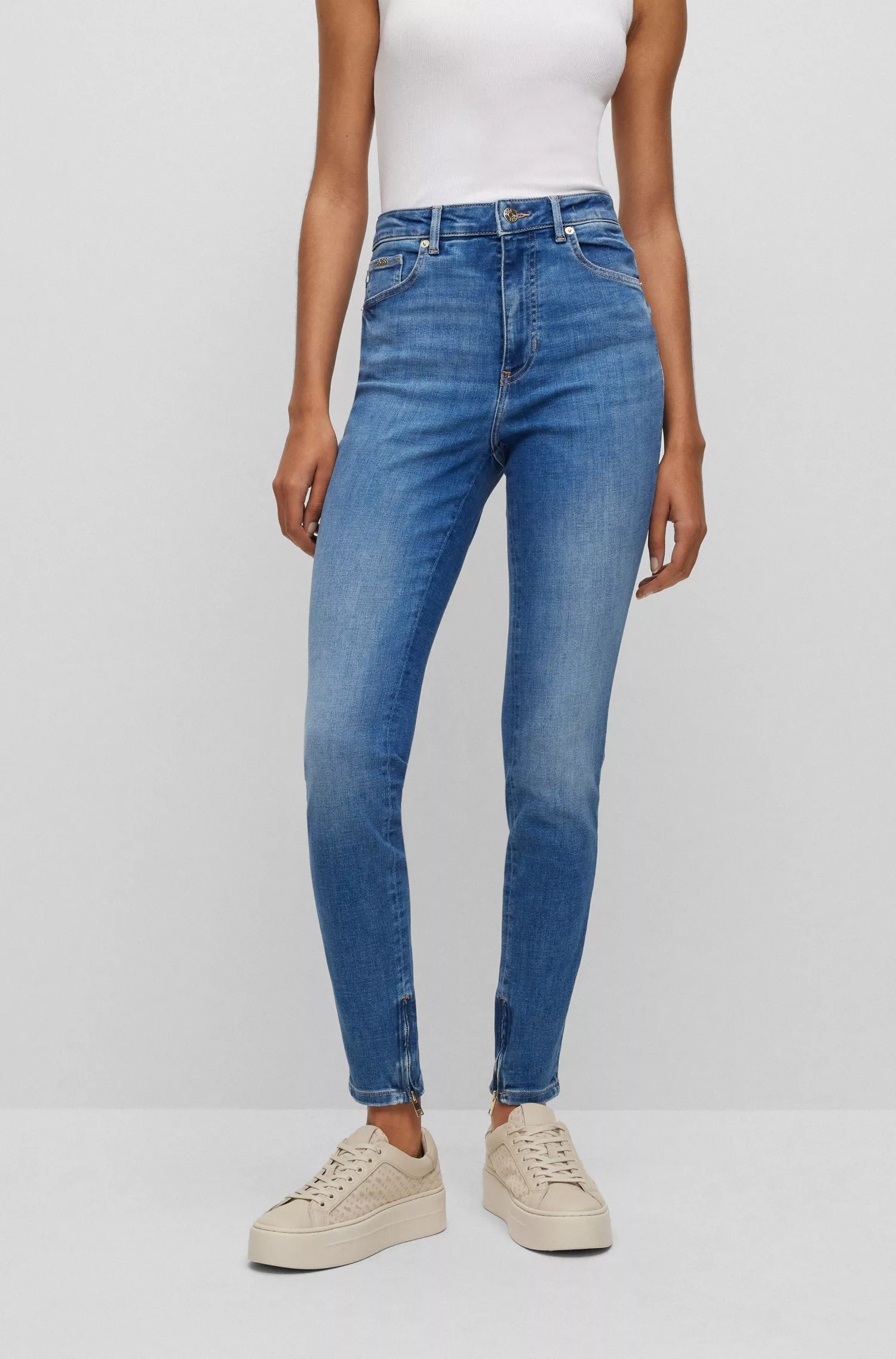 Calça jeans BOSS preta de cintura alta em denim super elástico azul