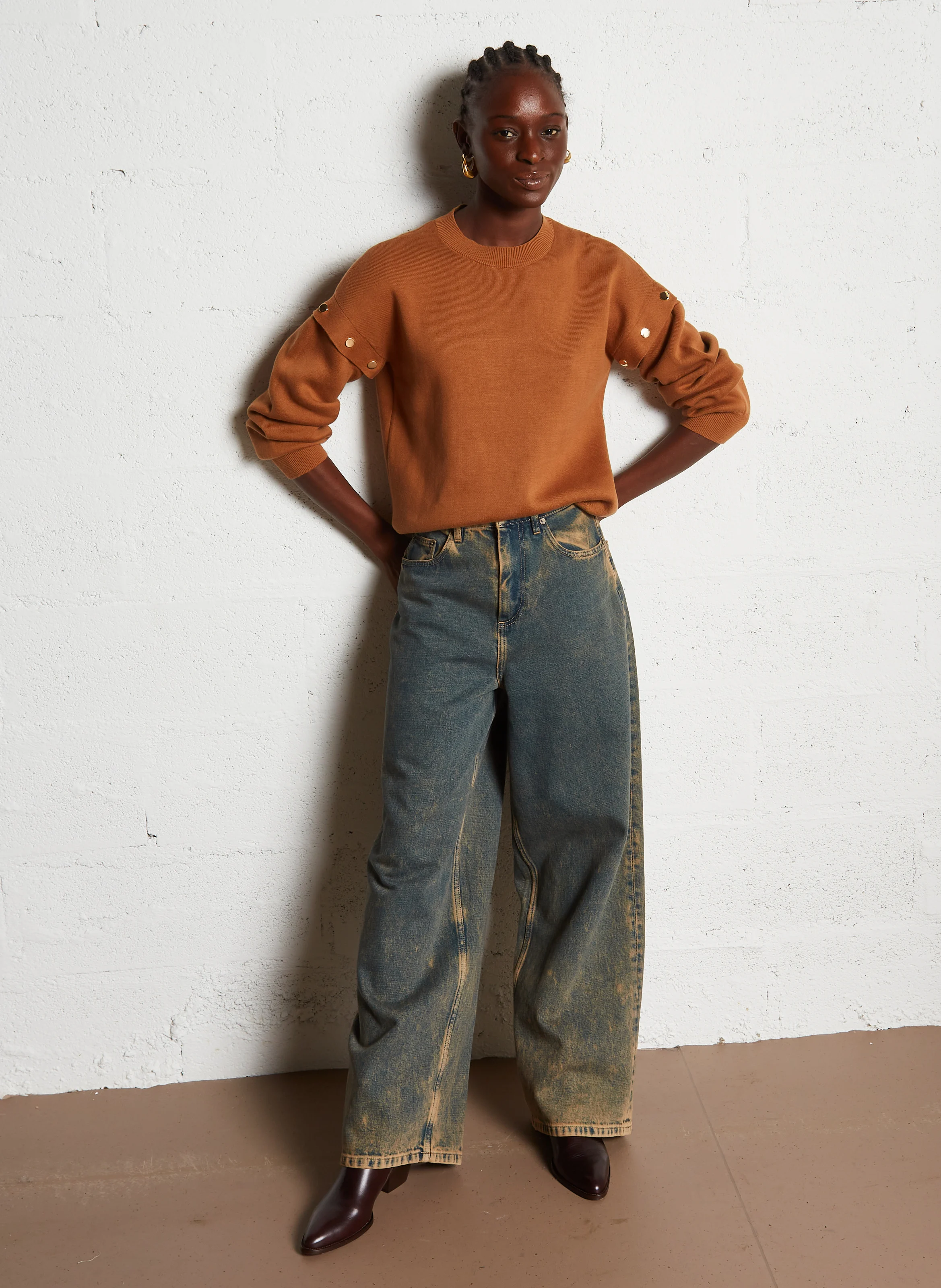 FELICITE - Pull oversize col rond en coton bio | Marron