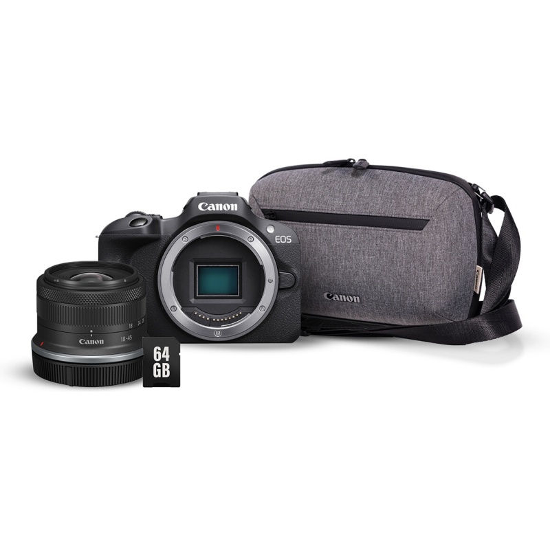 Appareil photo hybride Canon EOS R100 + RF-S 18-45mm f/4.5-6.3 IS STM + Sac photo + carte SD 64 go