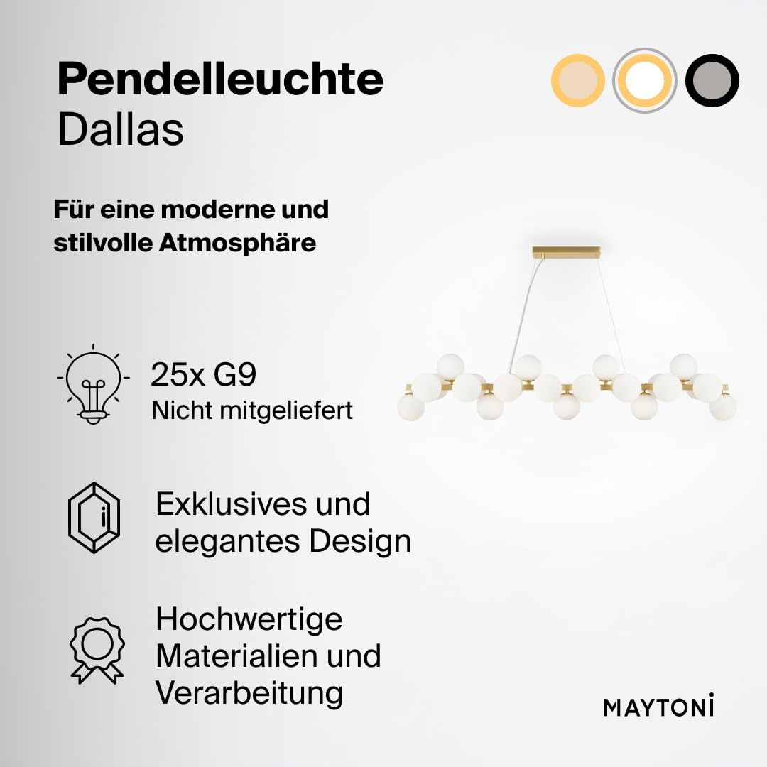 MAYTONI DALLAS Pendelleuchte Gold – 25-flammige elegante Hängelampe mit Glasschirmen – Moderne Deckenlampe für Esstisch, Wohnzimmer, Küche – G9, 28 W