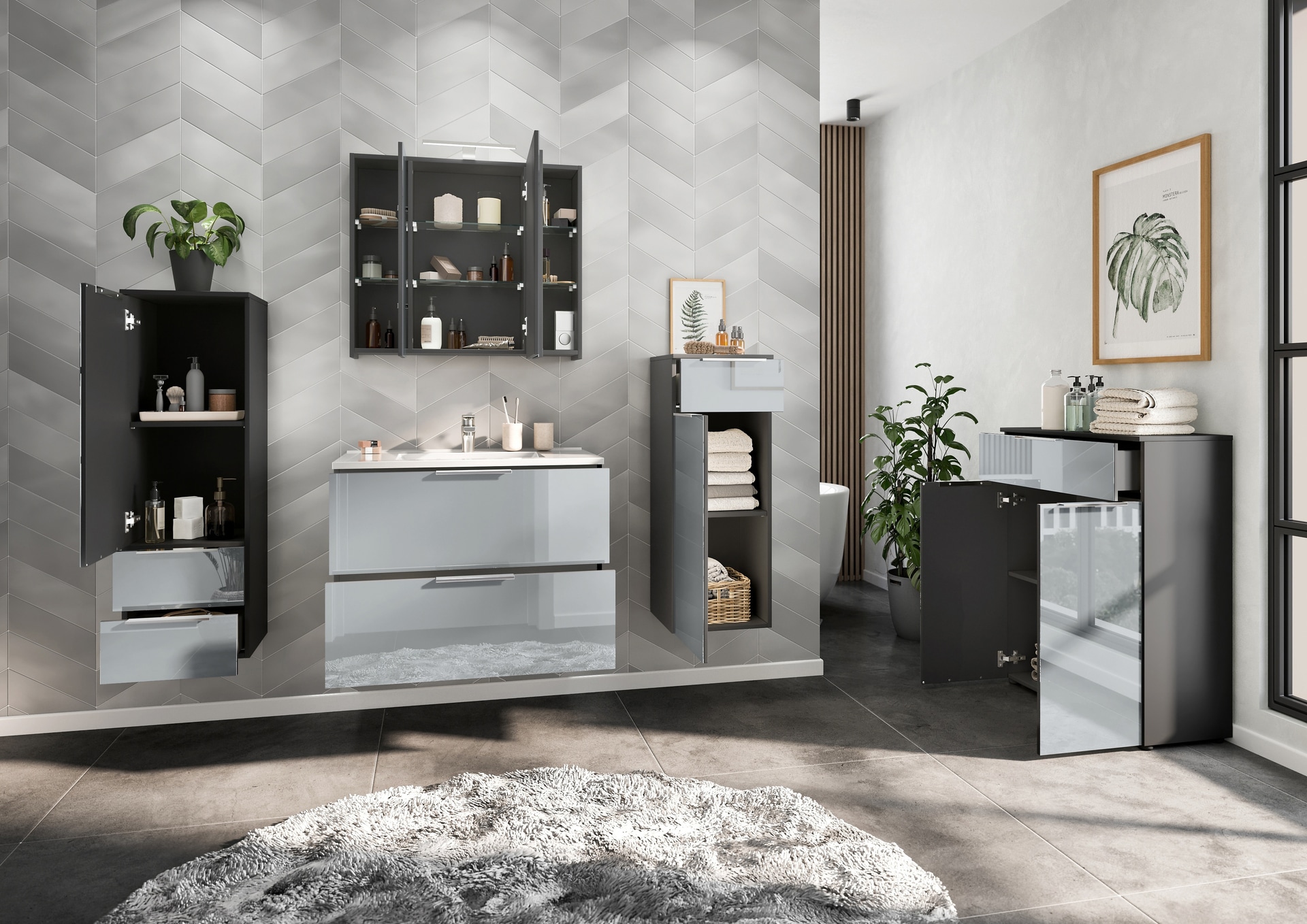 Midischrank JAN 36x93x34 cm graphit/silbergrau Glasfront