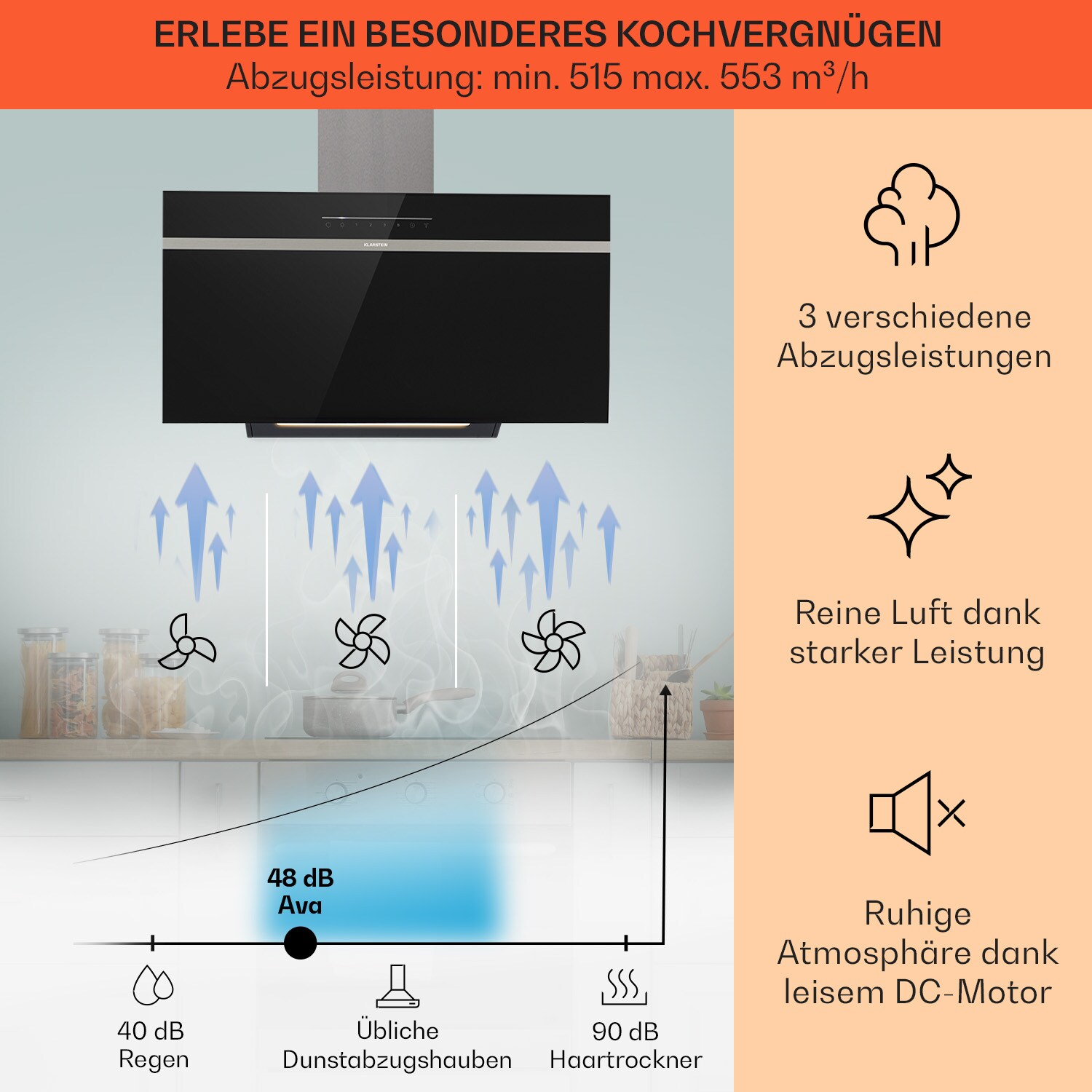 Ava 90 Dunstabzugshaube 90cm Wandhaube WiFi A++ 515m³/h Touch Schwarz