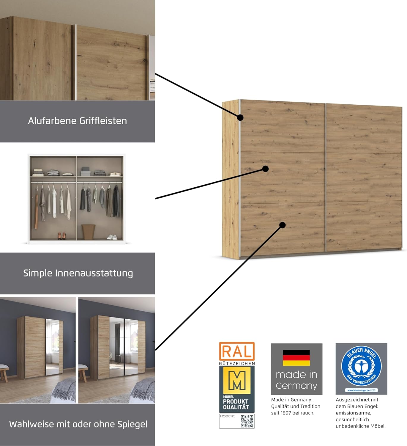 Rauch Möbel Kronach Schrank Schwebetürenschrank, 2-türig, Grau metallic, Schwarz, mit 1 Spiegel, inkl. Zubehörpaket Basic 2 Kleiderstangen 2 Einlegeböden, BxHxT 218x210x59 cm