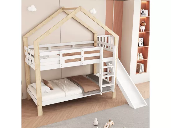 Lits Superposés 2x90x200cm avec toboggan - lit cabane - cadre de lit en bois massif - Blanc+Naturel