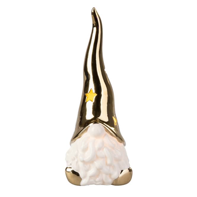 Wichtel sitzend mit LED - gold/weiß glänzend - ca. 7 x 6,5 x 17,5 cm