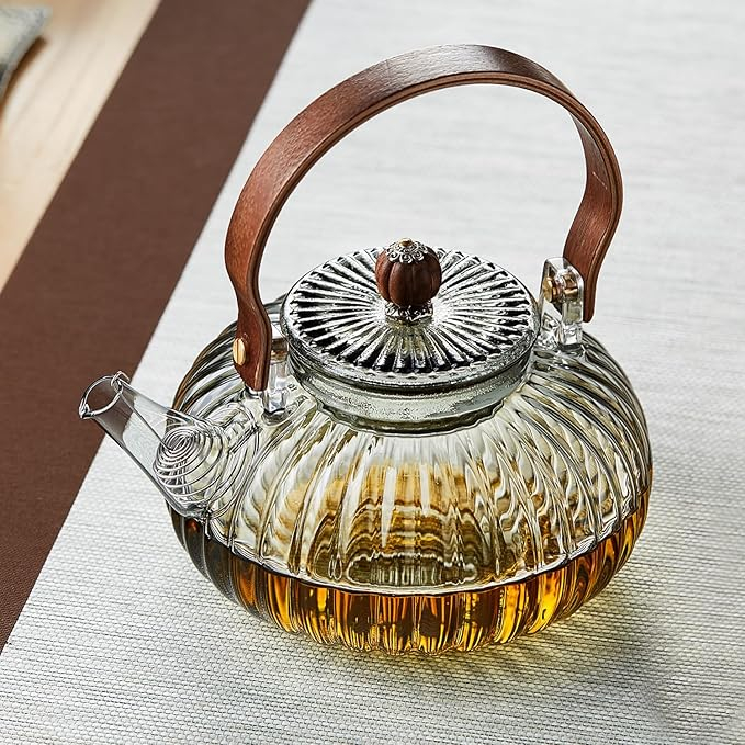 (900ml) Glas Tee Kanne mit Spiral Ausguss Teebereiter Karaffe mit Holz Griff Getränke Krug - Grau / Braun