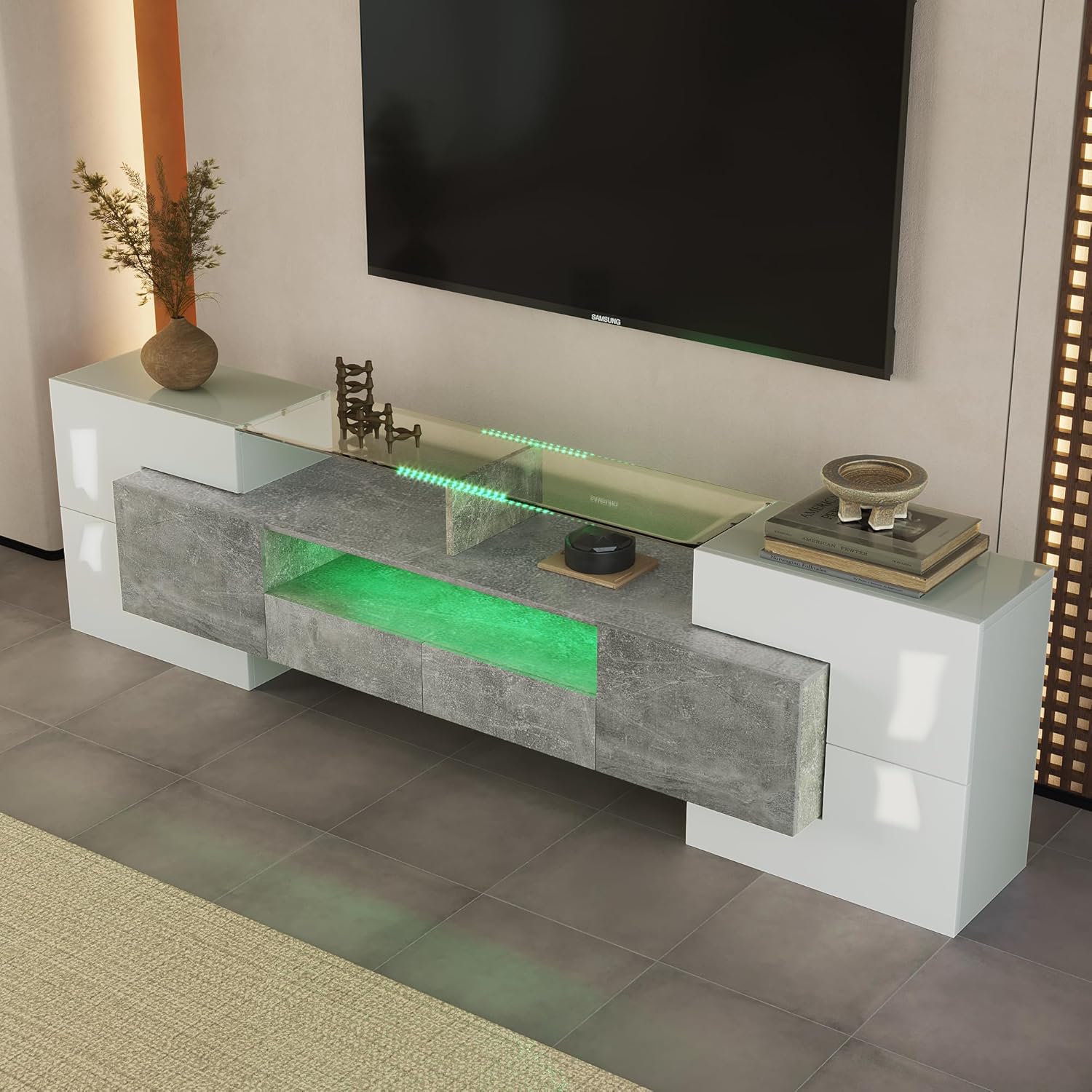 LED TV Lowboard in Hochglanz Weiß und Schwarz, 200 cm Breite, Modernes Wohnzimmer Sideboard mit LED-Beleuchtung, Elegante Glasoberfläche (Grey)