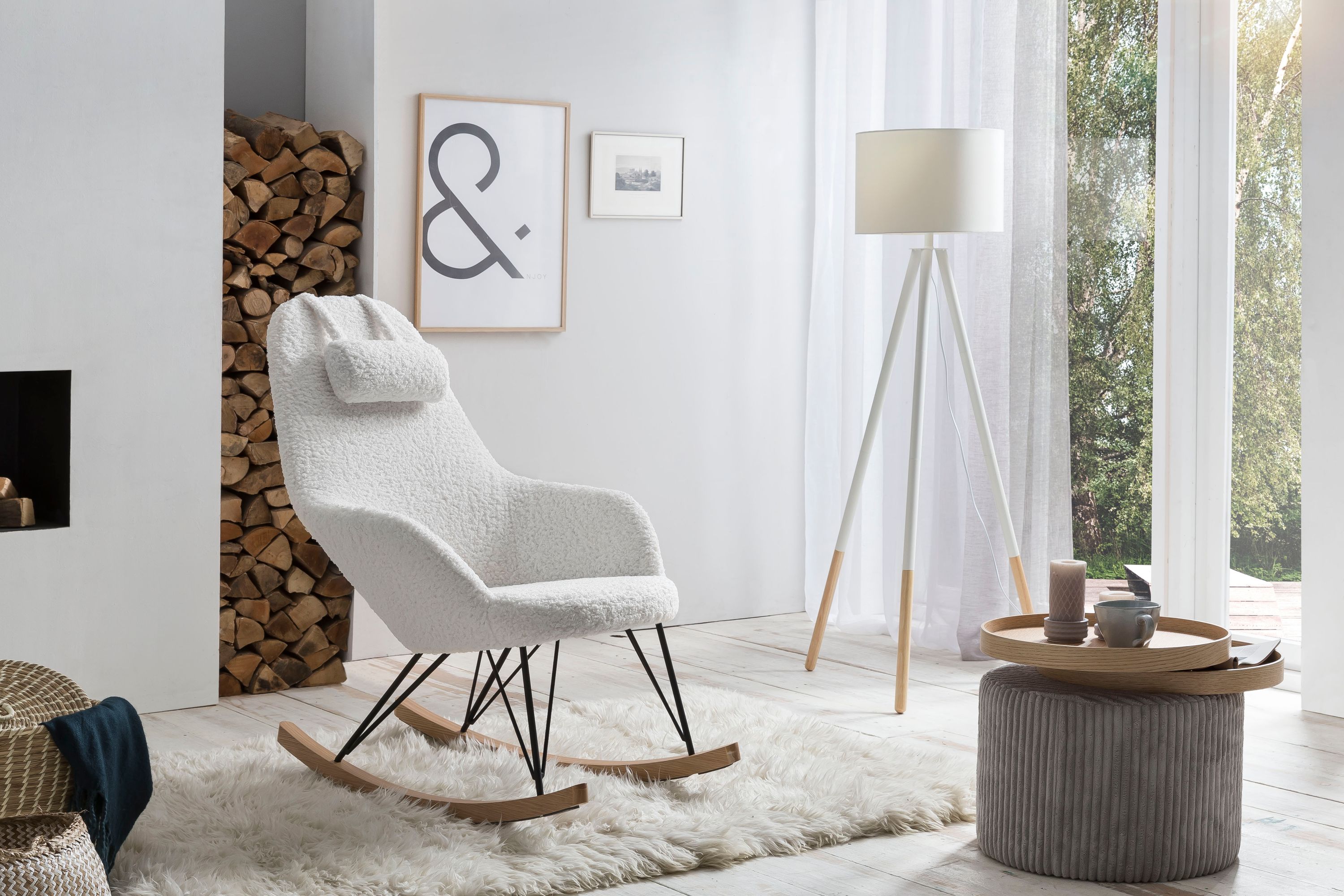 Schaukelstuhl Teddyfell weiß Relaxsessel Polstersessel Ohrensessel Loungesessel