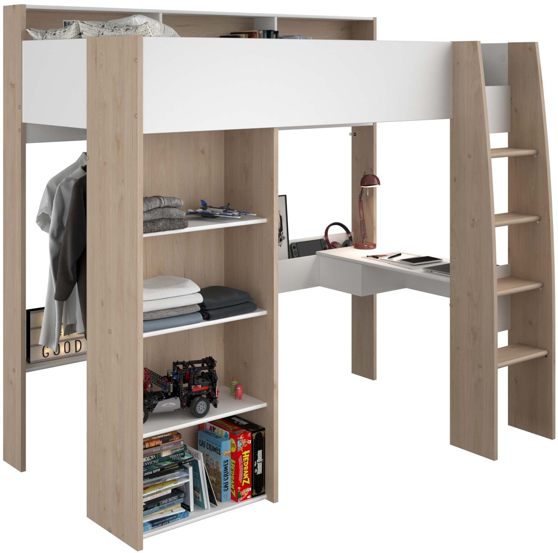 Parisot Hochbett »Shelter 11« 1 Stk. tlg. integrierter Schreibtisch, Leiter, Regal, Kleiderstange, Ablagen