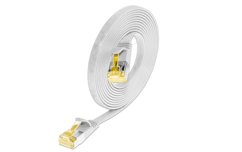 Slimpatchkabel Cat 6A, U/FTP, 0.25 m, WeissGeschirmtes Cat 6A flaches Twisted-Pair-Kabel (U/FTP) mit Klinkenschutz und vergoldeten RJ-45 Steckern