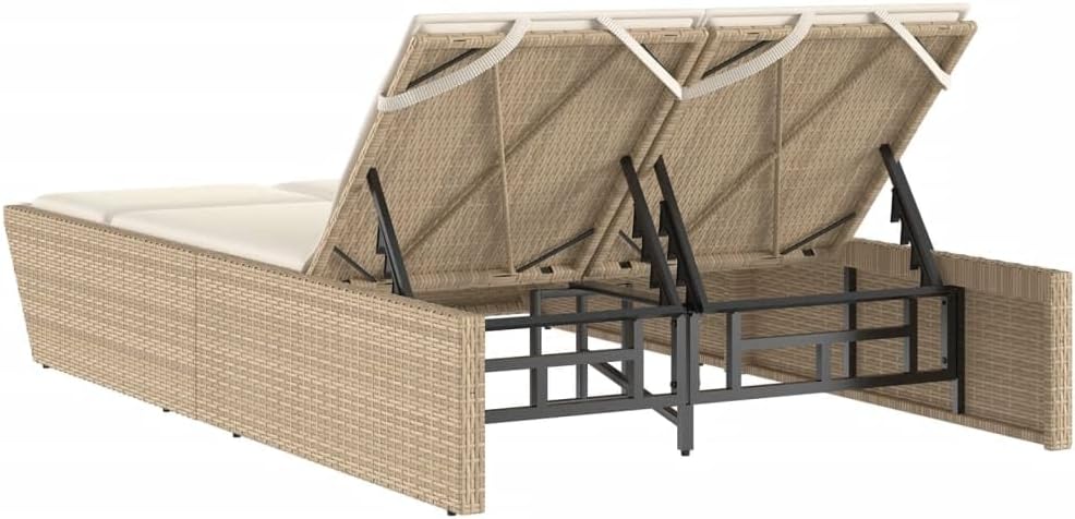 IKAYAA Doppelliege Outdoor 2 Personen Verstellbar Sonnenliege 2 Personen Rattan Sonnenliege Sonnenbett Loungebett Gartenbett mit Auflage Liege Outdoor Rattanliege Beige und Creme