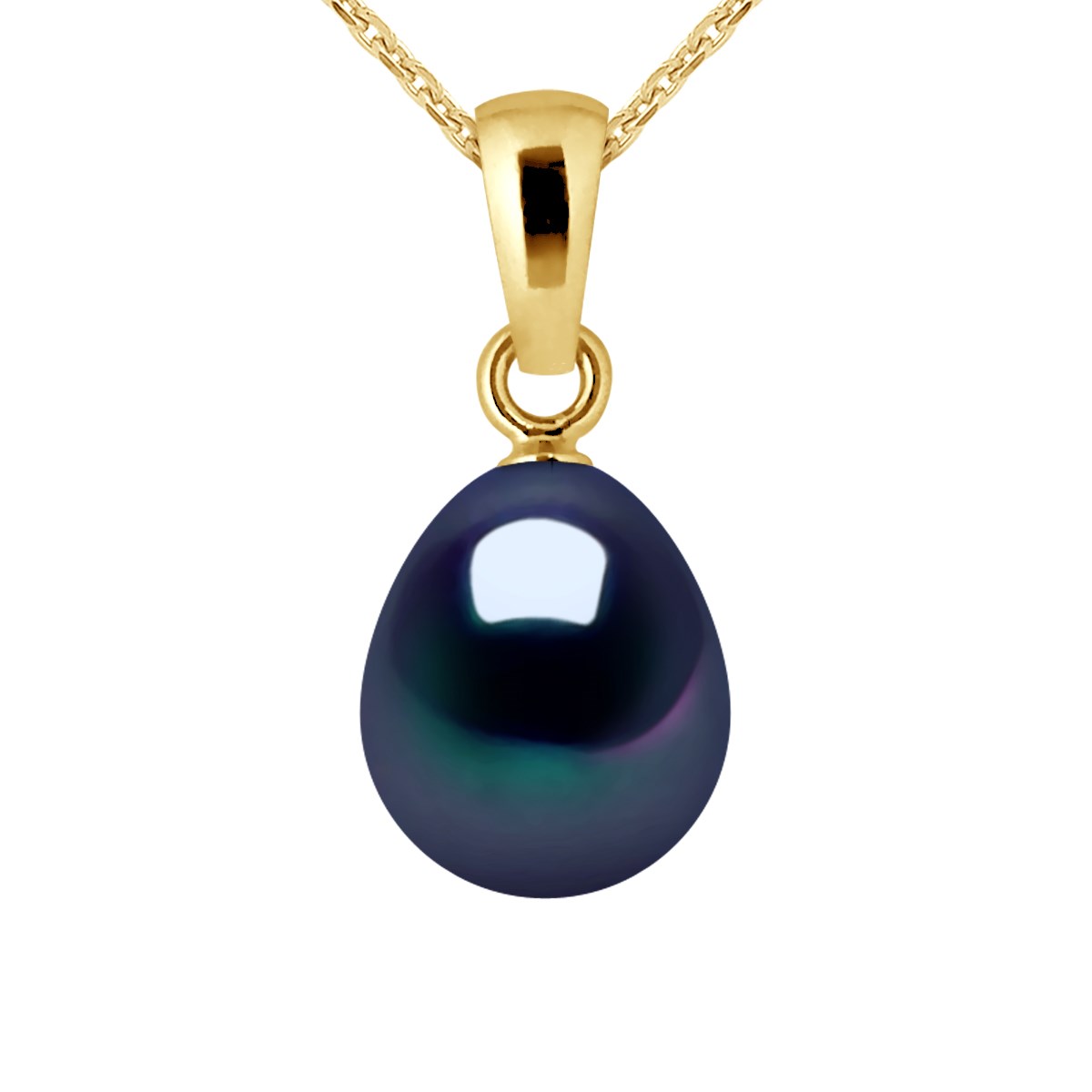 Pendentif Perle d'Eau Douce Poire 8-9 mm Noire Or Jaune 18 Carats Livré avec Chaîne