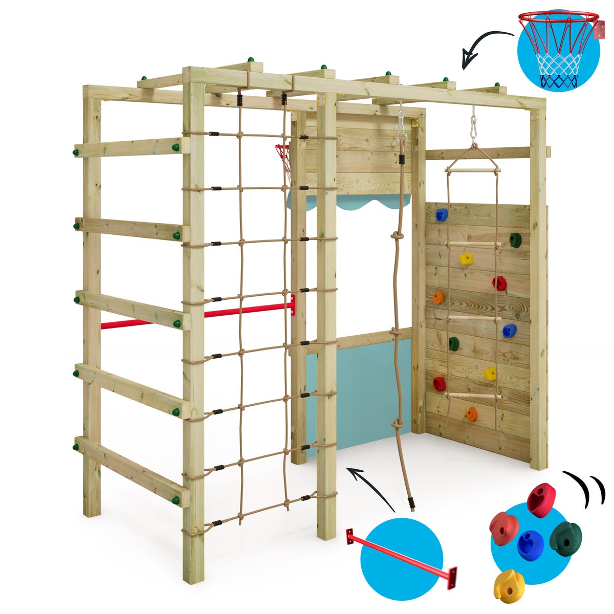 WICKEY Klimrek Speeltoren Smart Action Tuin Speeltoestel met Klimwand en Speelaccessoires – Pastelblauw