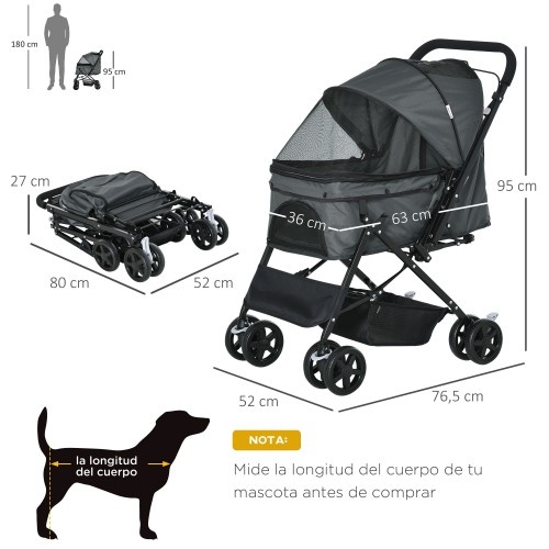 Carrinho de passeio dobrável preto para animais de estimação PawHut