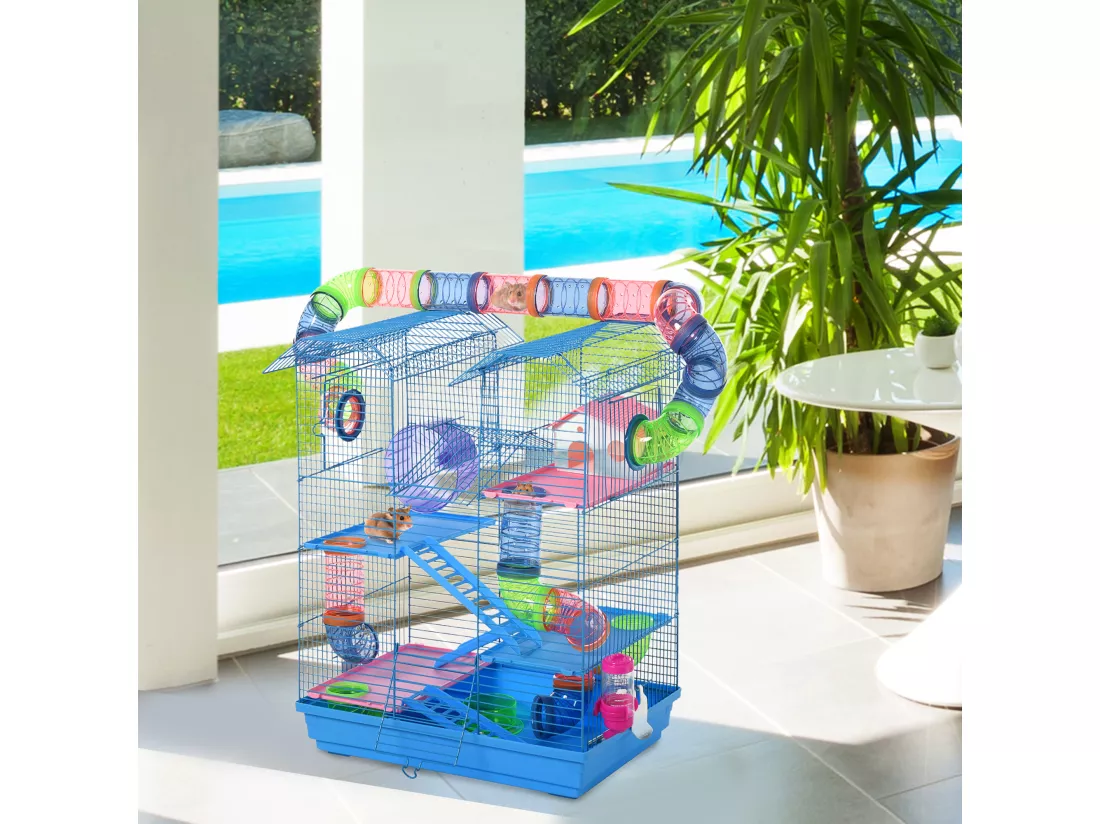 Cage pour Hamster Souris Petit Animaux Rongeur avec Tunnel Mangeoire Roue Jouet 47 x 30 x 59 cm cm Bleu
