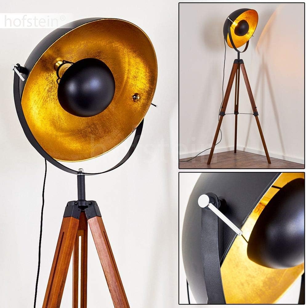 Stehlampe Jupiter, Vintage Stehleuchte in Schwarz/Gold aus Metall m. Gestell aus Holz, Ø 55cm, E27-Fassung, verstellbare Bodenleuchte im Retro-Design, ohne Leuchtmittel