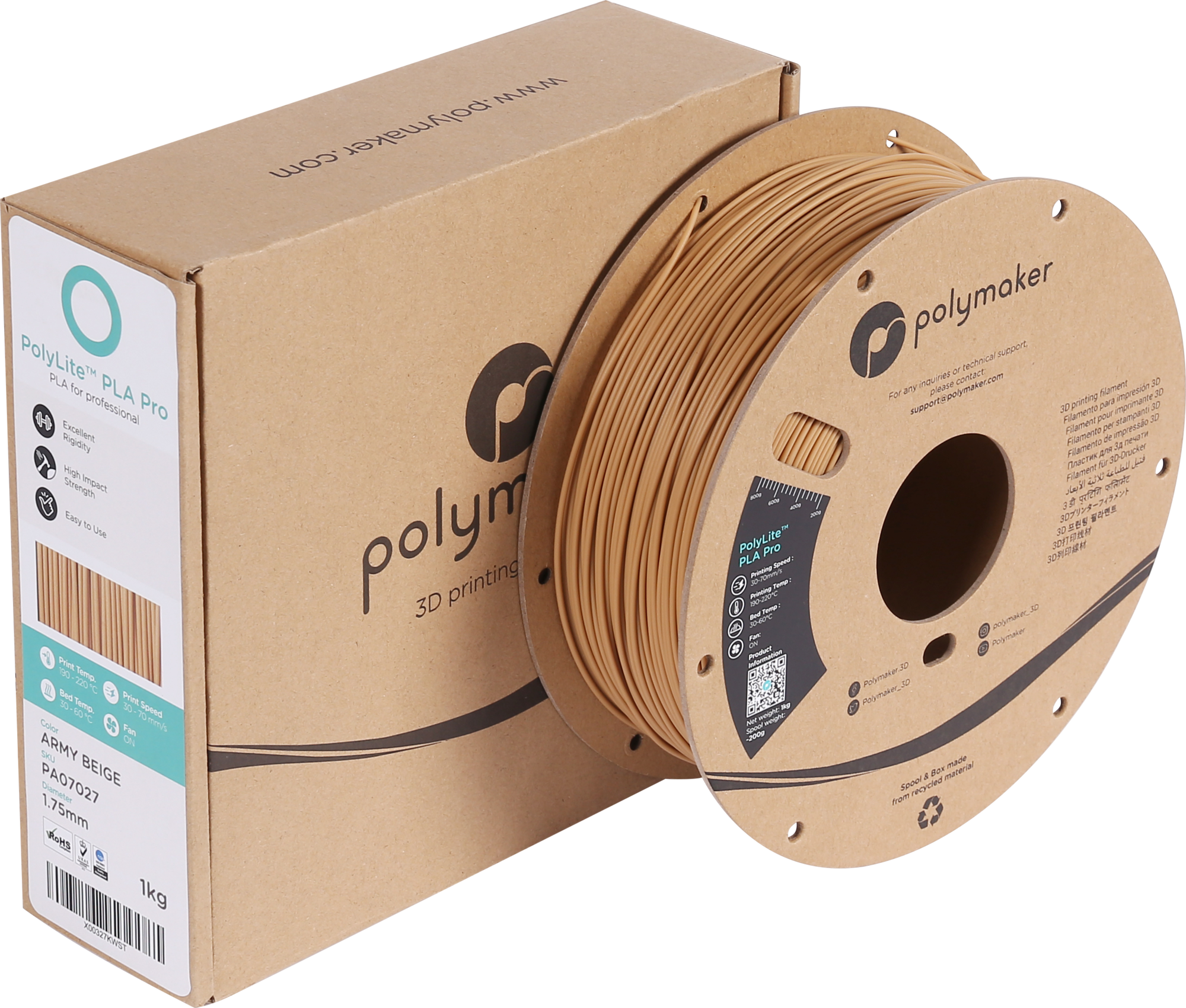 Polymaker  PolyLite PLA PRO Army Beige, 1,75 mm (1.000 g)    PLA Filament mit exzellenten Eigenschaften für FDM Drucker