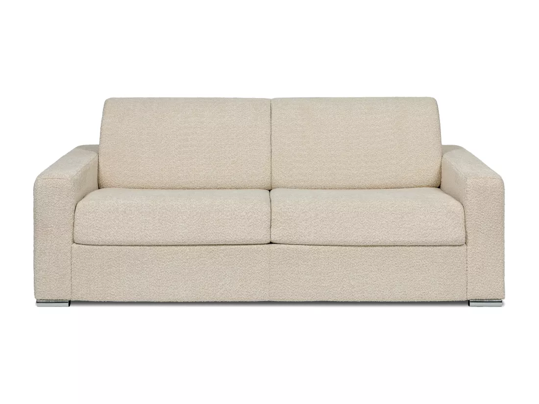 Canapé 4 places convertible express en tissu bouclette beige - Couchage lattes larges 160 cm - Matelas 14 cm CALITO