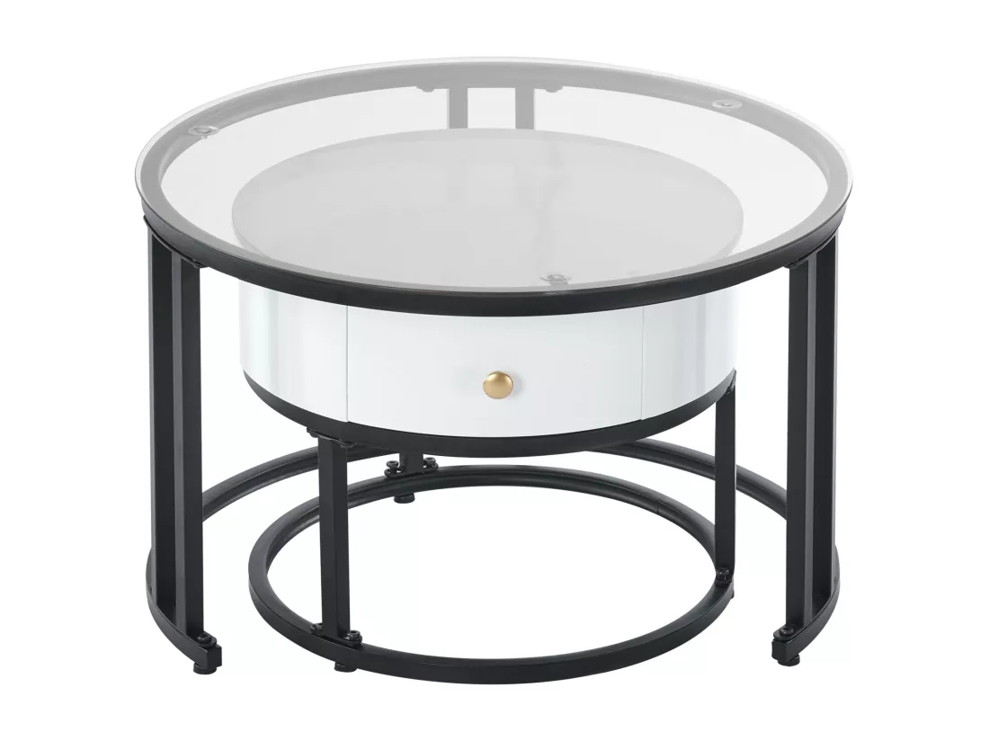 Lot de 2 Tables Basse Gigognes avec Tiroir - Plateaux Verre et Motif Marbre - Table d'Appoint - Blanc