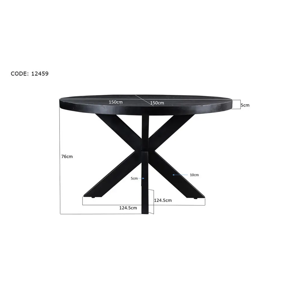 Livingfurn - Eetkamertafel Kala Round Black - Mangohout - 150 cm - Zwart