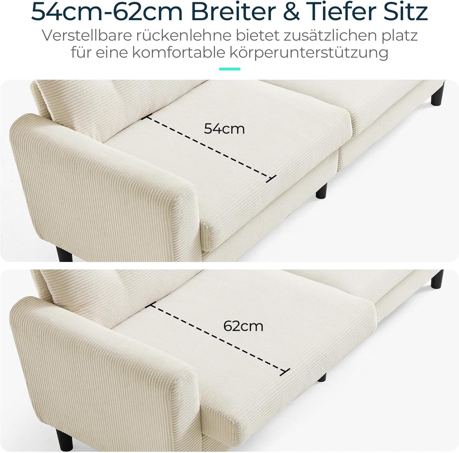 LINSY HOME Sofa 3 Sitzer, 201cm Breit Sofas mit Verstellbarer Sitztiefe, Kleine Sofacouch für Wohnzimmer Schlafzimmer Wohnung Büro