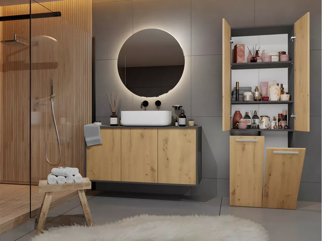 RORY - Armoire de salle de bain avec panier - Dimensions 174x60x30 - Meuble de rangement salle de bain espace buanderie