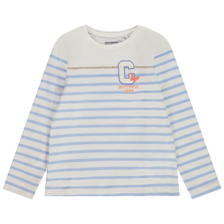 T-shirt manches longues rayé patch bouclettes pour fille - Ecru