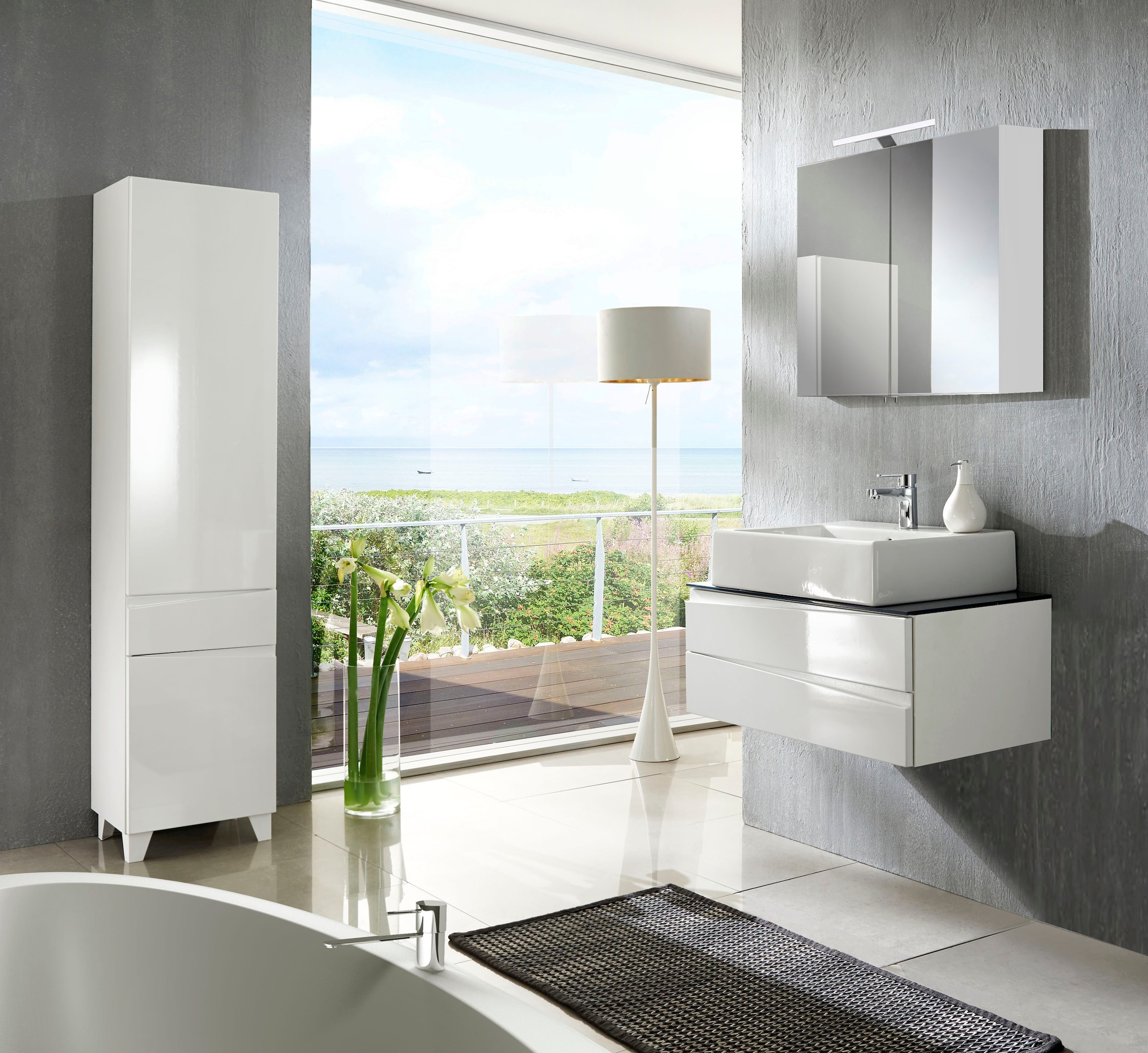 byLIVING Waschbeckenschrank »Shape« 1 Stk. tlg. für Aufsatzbecken mit asymetrischer Hochglanz Front, 2 Schubkästen