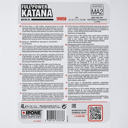 Huile moteur Ipone FULL POWER KATANA - 10W50 100% synthése- 4 LITRES Universel